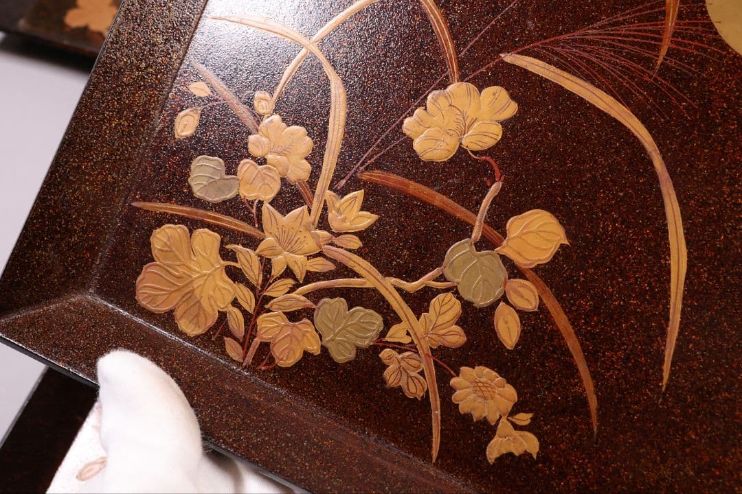 【MB46】時代 梨地吸物膳 十客 月と草花蒔絵 秋草 四方膳 卓上 折敷 木製