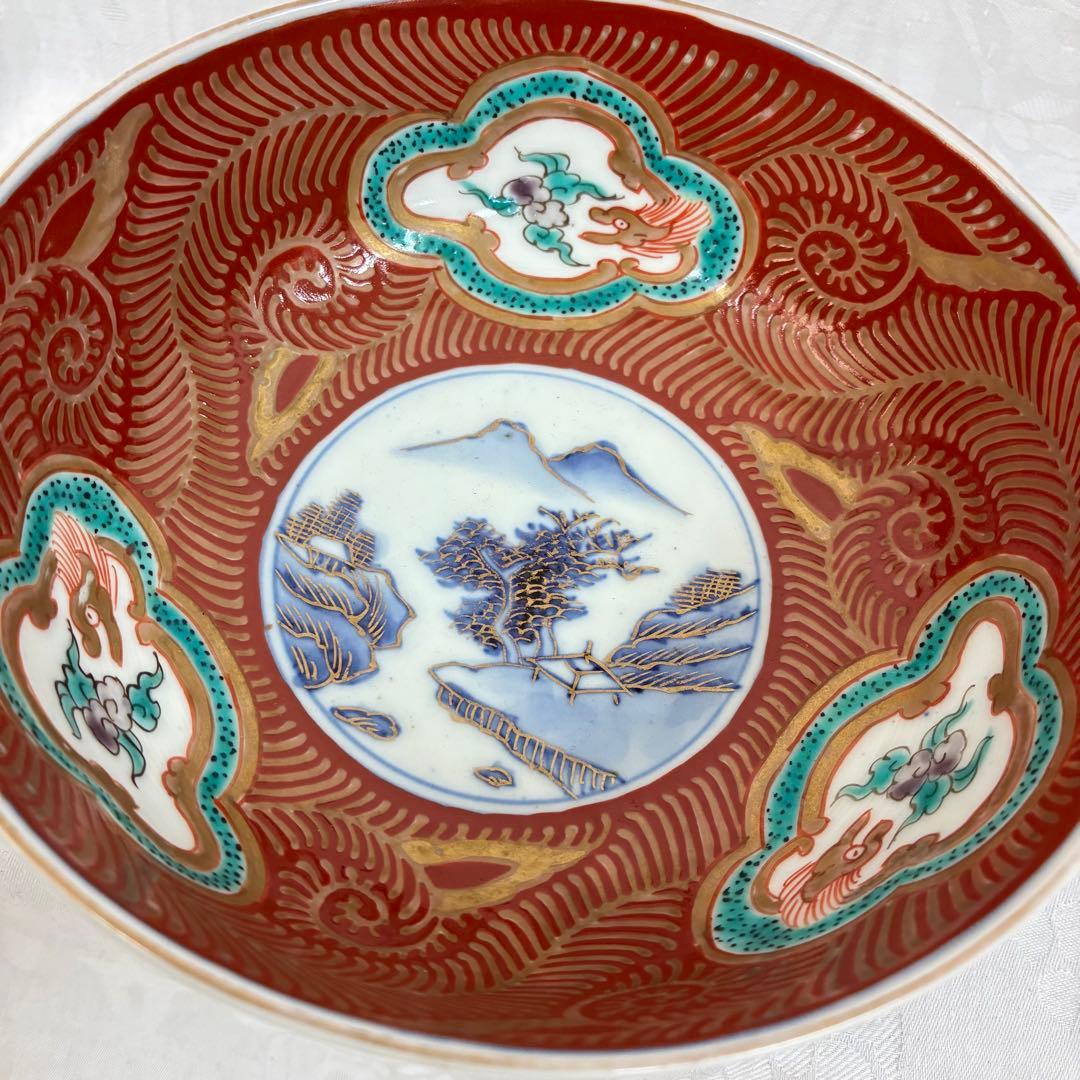 古伊万里 中鉢 赤絵 窓絵龍 山水 金彩 骨董品