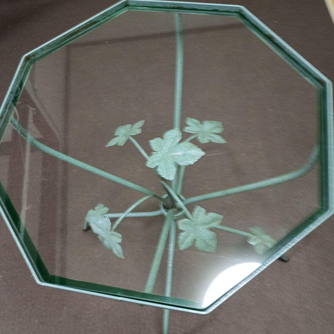 八角形 ガラスアイアンテーブル 葉モチーフ　　中古品