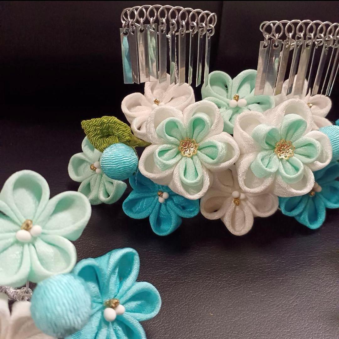 新品【七五三】髪飾り　勝山かんざし　簪　つまみ細工　水色系