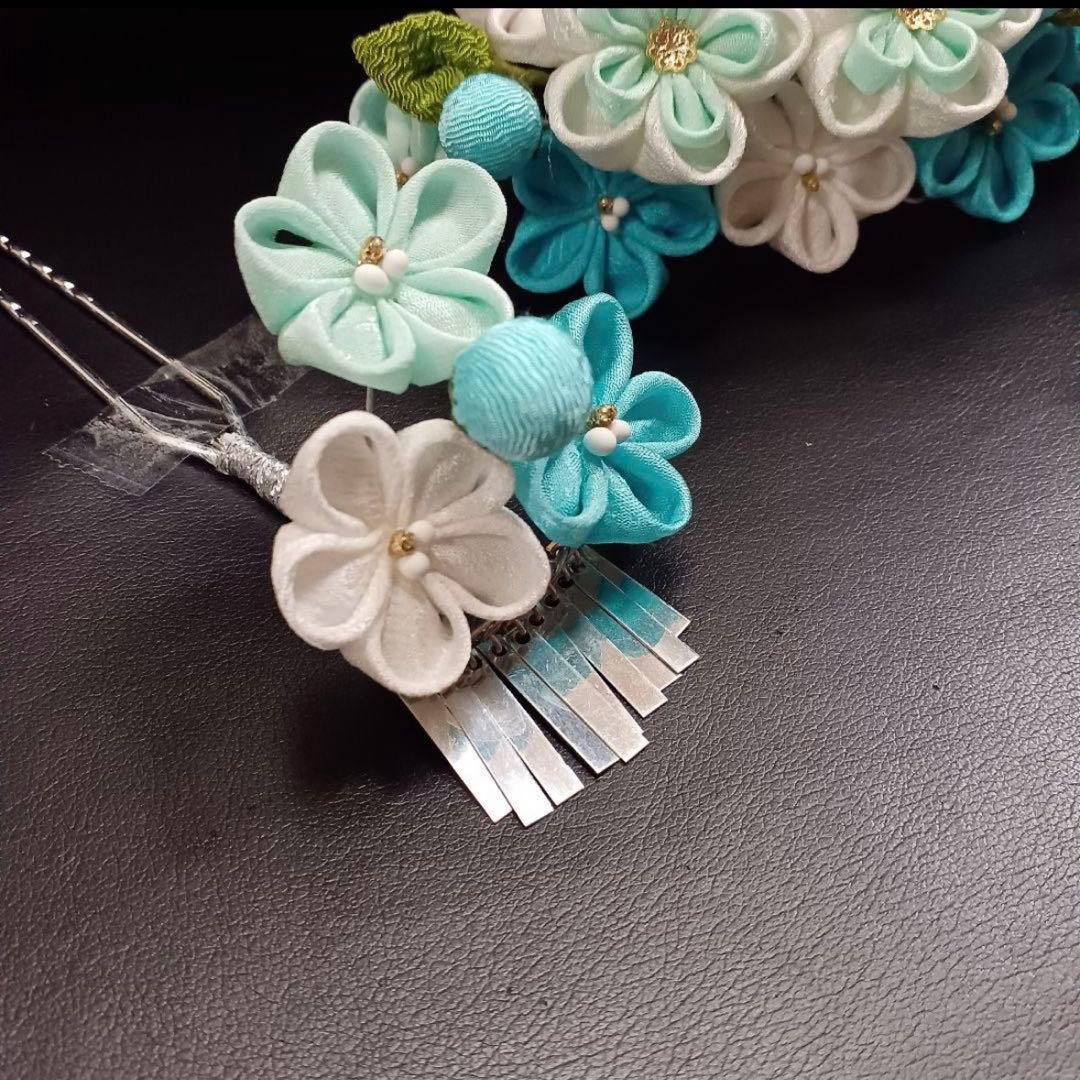 新品【七五三】髪飾り　勝山かんざし　簪　つまみ細工　水色系