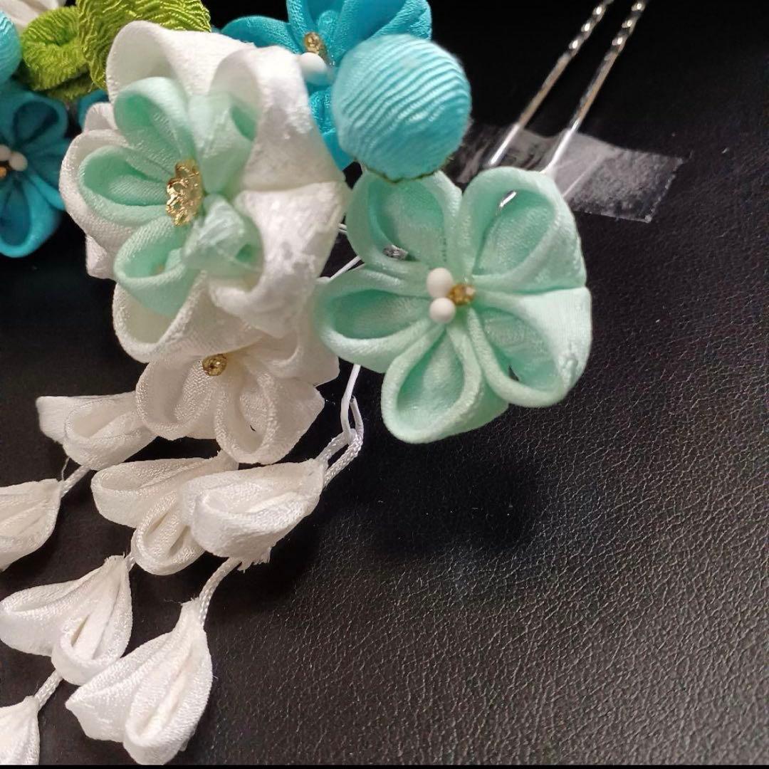 新品【七五三】髪飾り　勝山かんざし　簪　つまみ細工　水色系