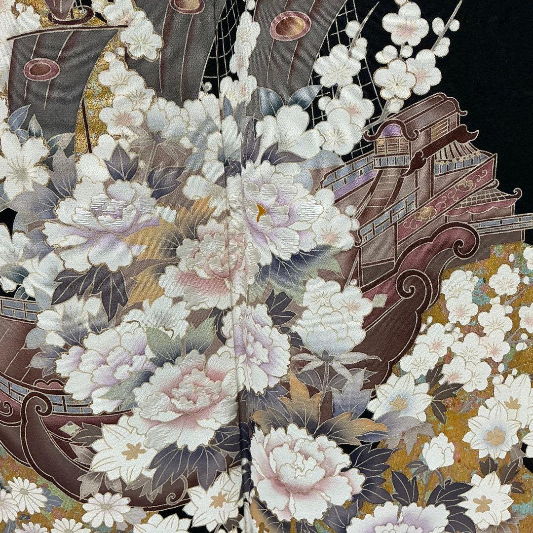 b195 正絹　黒留袖　比翼付　五つ紋　作家物落款　金銀箔　刺繍　着物