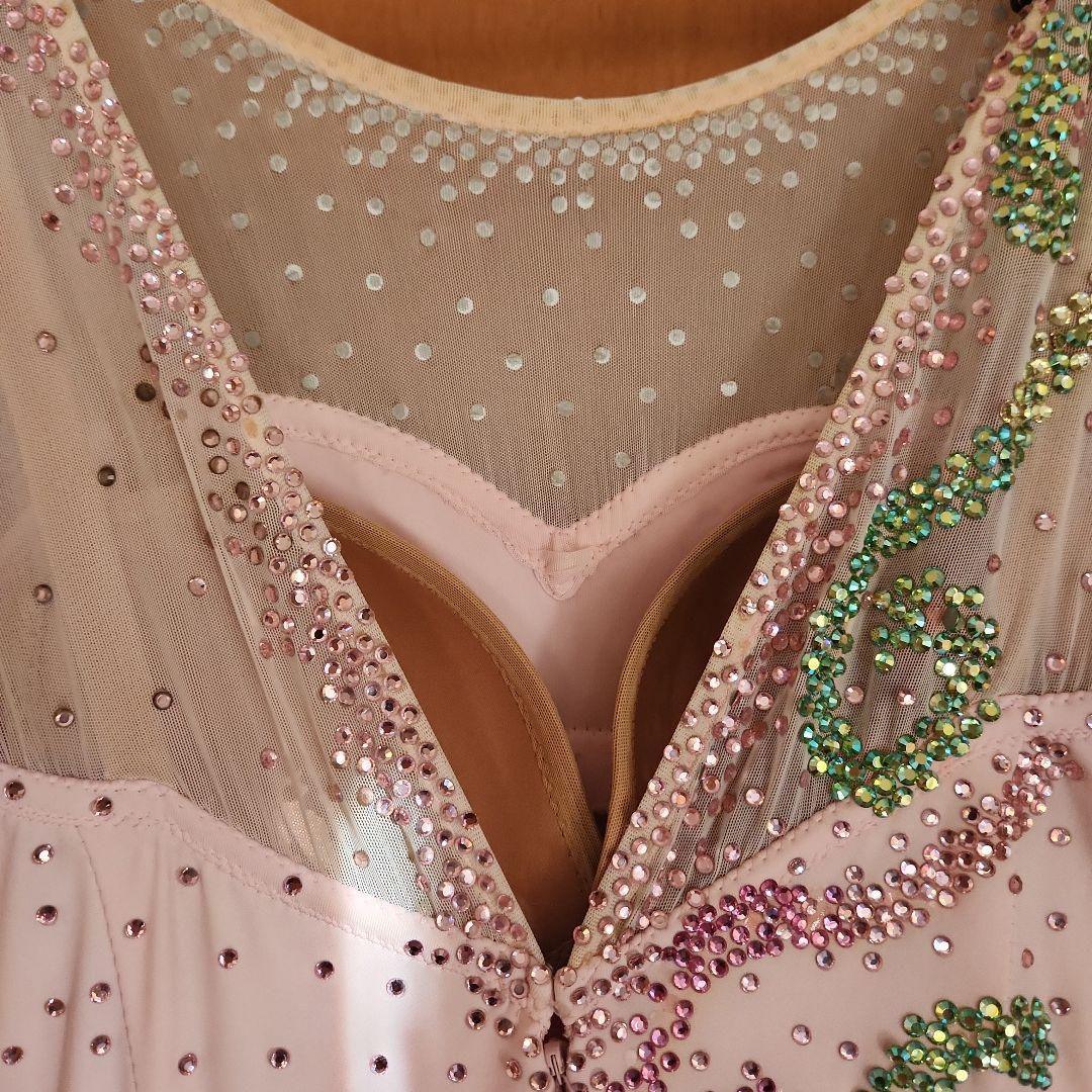 ラインストーン　チョーカー、イアリング付き　社交ダンス　シフォンドレス　ピンク