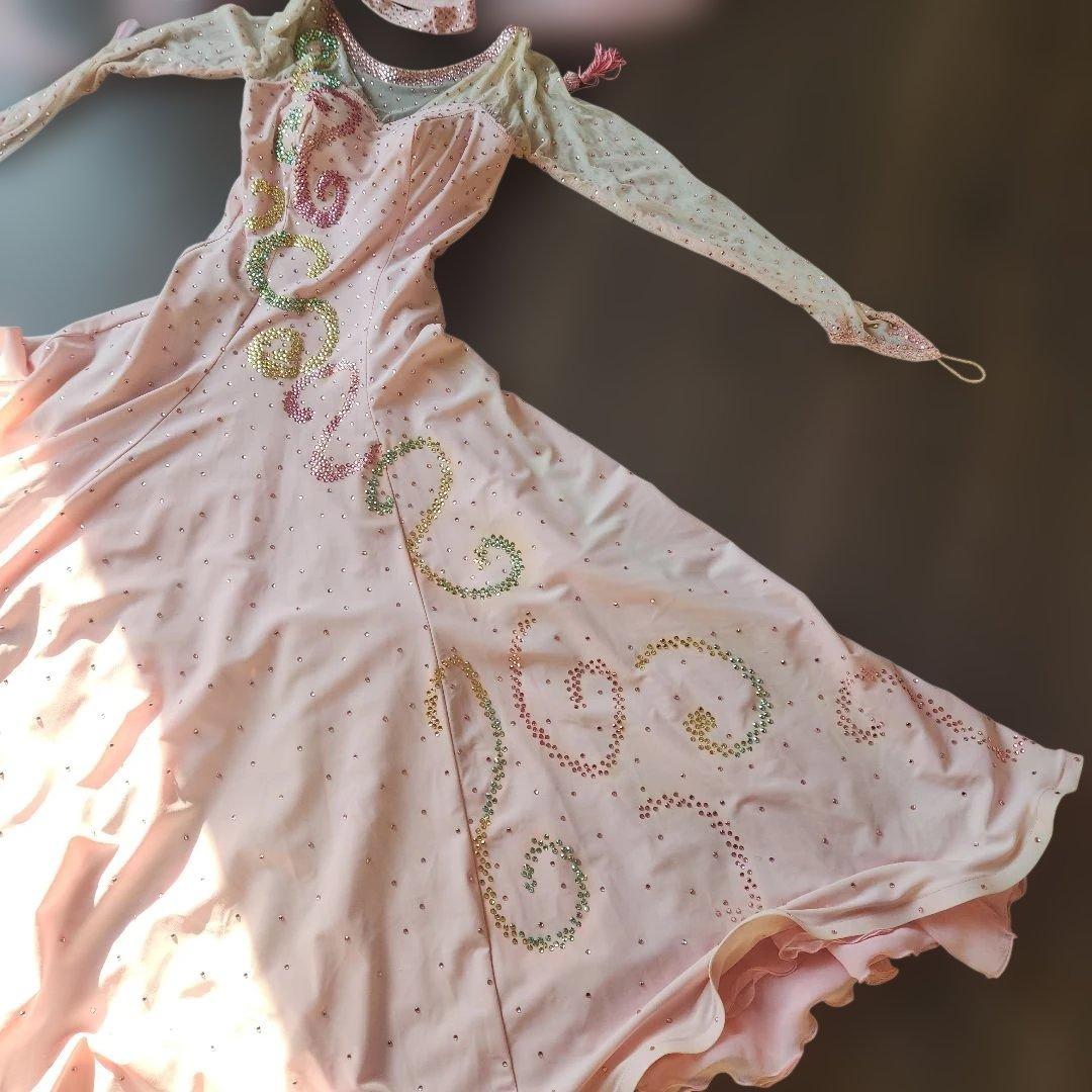 ラインストーン　チョーカー、イアリング付き　社交ダンス　シフォンドレス　ピンク