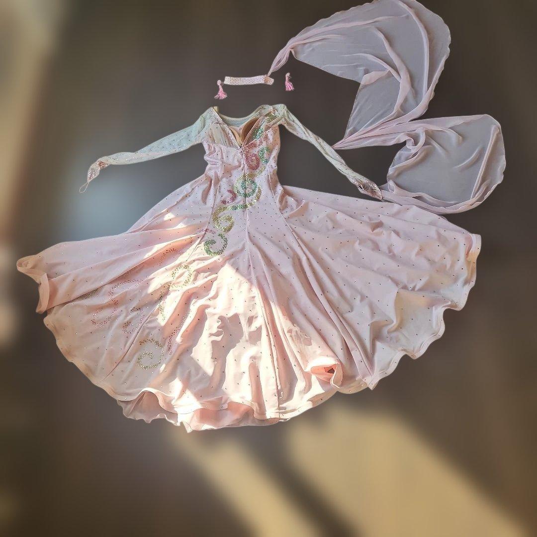 ラインストーン　チョーカー、イアリング付き　社交ダンス　シフォンドレス　ピンク