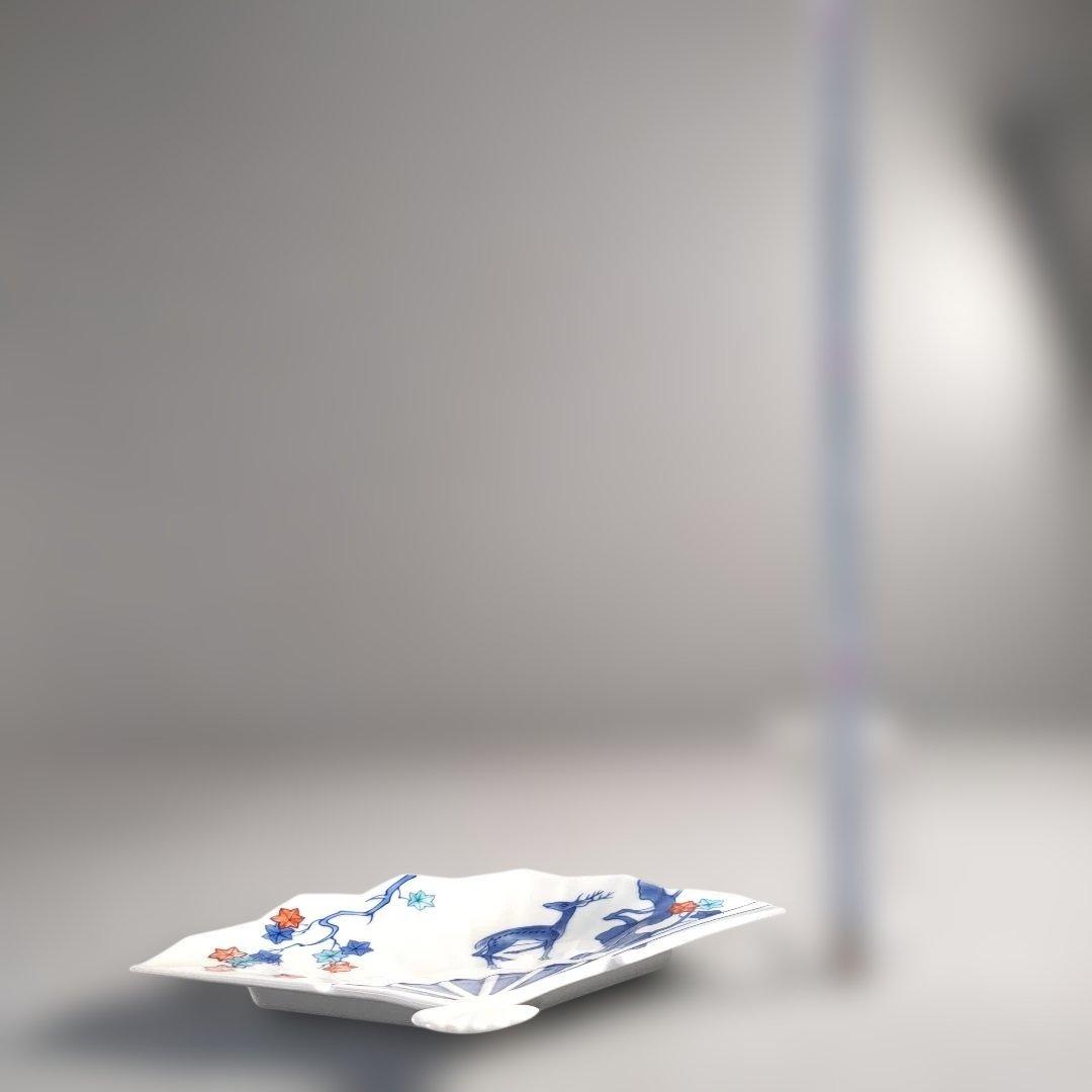 A1331-4/有田焼/宮内庁御用達 十四代辻常陸製染錦絵変扇面皿3客/懐石道具