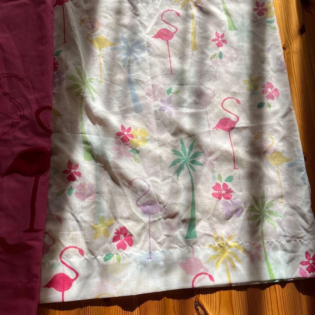 平成レトロ　フラミンゴ刺繍カーテンとレースカーテンのセット