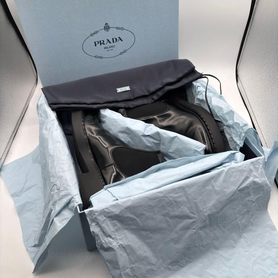 保存箱袋付 人気 プラダ サイドゴア ブーツ 23.5㎝ チョコ 黒 レザー