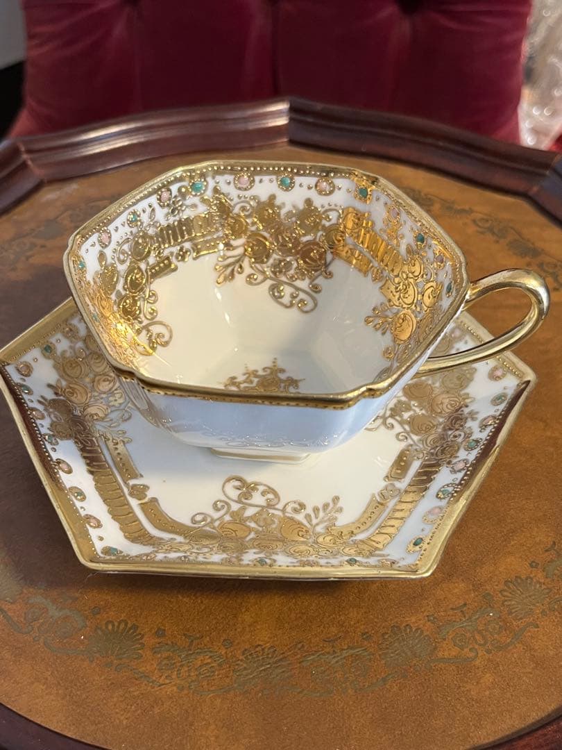 極美品　金盛り　ジュエル　六角形カップソーサー　オールドノリタケ　RCマーク