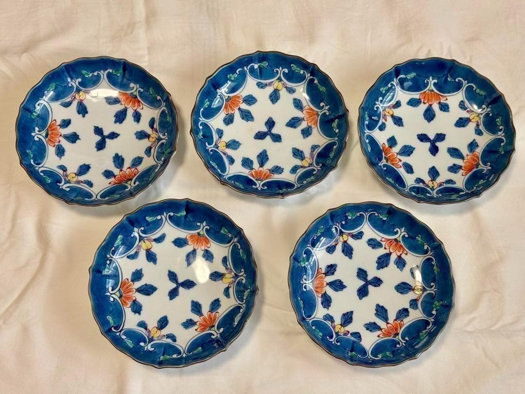 新品未使用 箱付き 有田焼 三方菊 深皿揃 5枚セット 工芸品 アンティーク