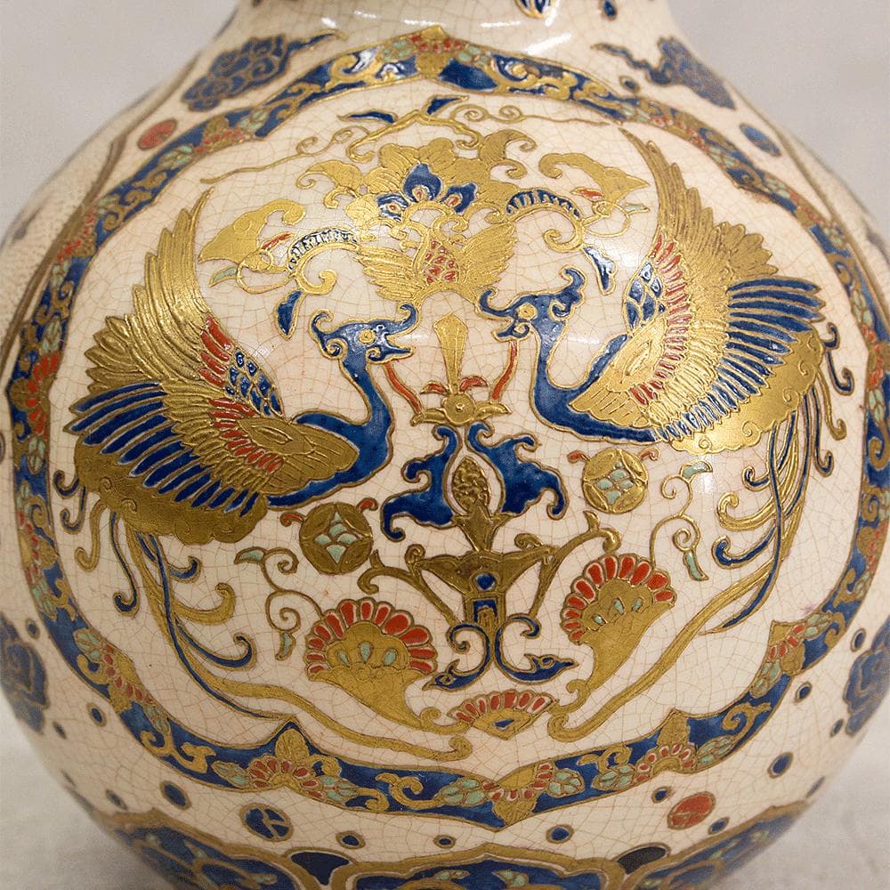 ※あかおかずき　薩摩焼 丸十字 薩摩 明治期 瓢箪型金彩鳳凰文 花瓶