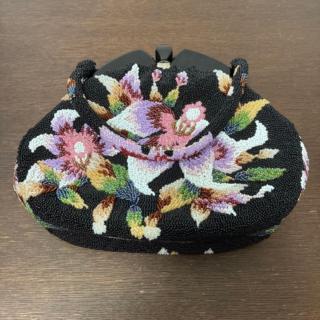 花柄　ビーズハンドバッグ　和装　着物　昭和レトロ　ビーズバッグ　がま口