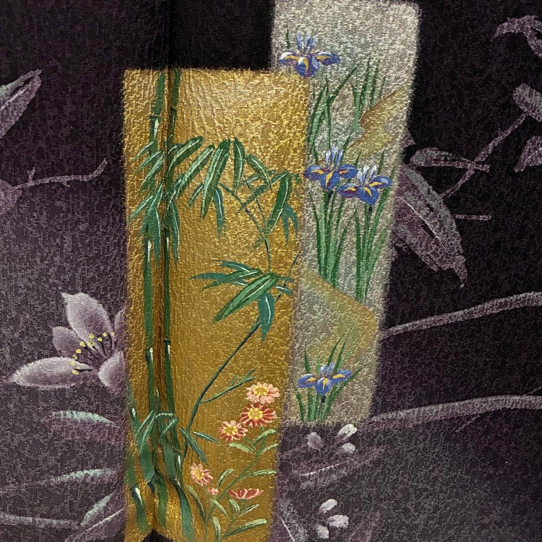 D22 訪問着 金彩 花模様 鶴 濃紫 正絹 着物 袷 極美品