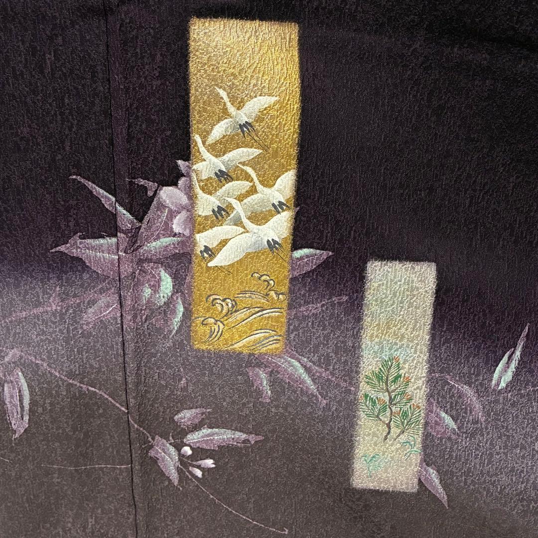D22 訪問着 金彩 花模様 鶴 濃紫 正絹 着物 袷 極美品