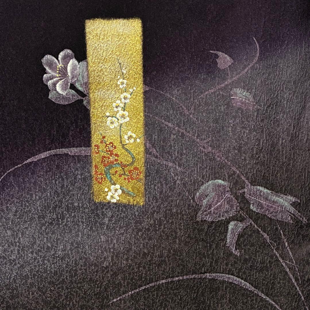 D22 訪問着 金彩 花模様 鶴 濃紫 正絹 着物 袷 極美品