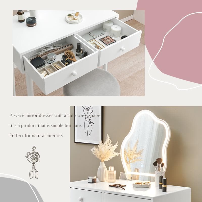 送料無料【新品】女優ライト　ドレッサー＆スツールセット　ウェーブミラー　韓国風