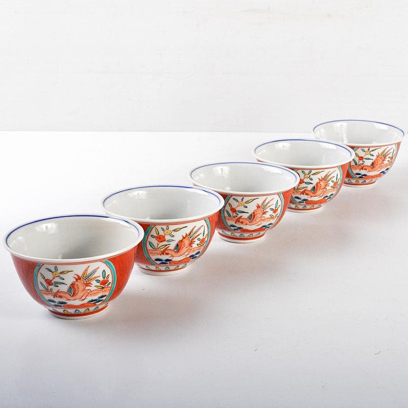 九谷焼　味渓窯　矢口永寿造　赤絵　花鳥文　汲出茶碗　五客　共箱　M　R5223