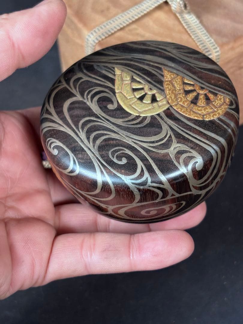 送料無料　棗　平棗　木地　嶋黒檀　黒柿？　和骨董　水車　蒔絵　茶道具　仕覆付き