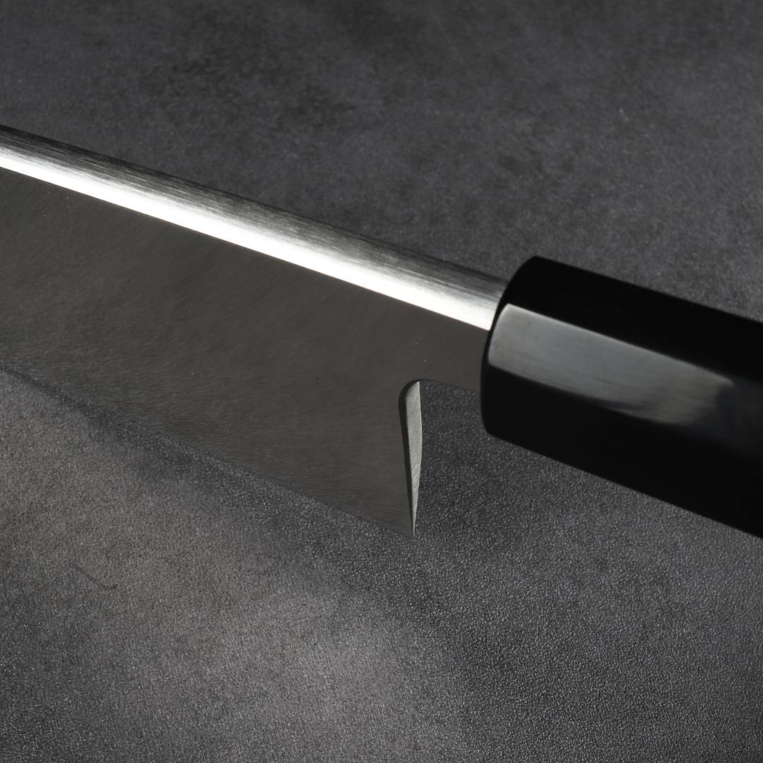 6943 出刃包丁 5寸 刺身包丁 本出刃 和包丁 黒檀黒水牛角二本銀巻八角柄