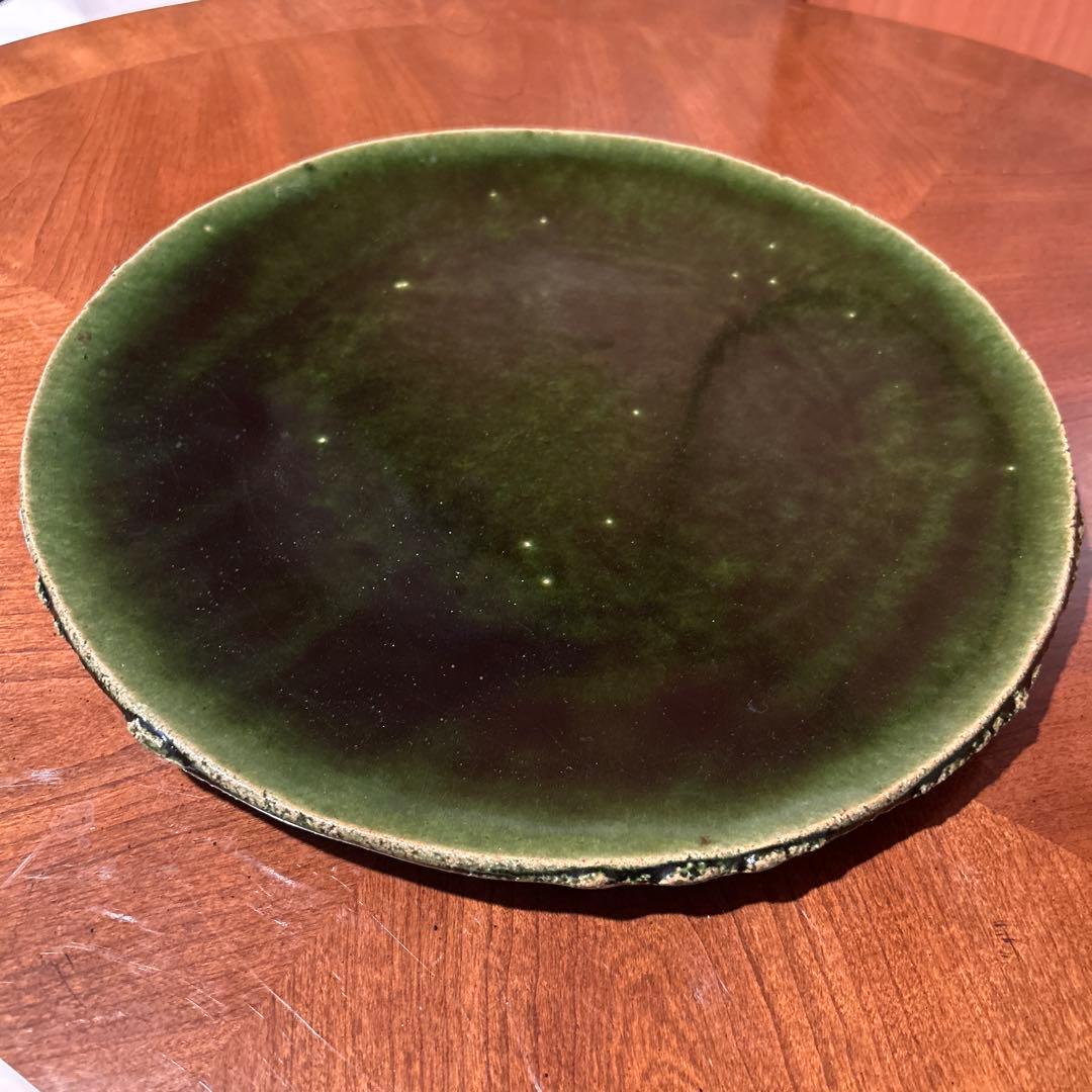新品◆④織部焼　森脇　文直作　緑色の陶器製丸皿大皿35.5cm