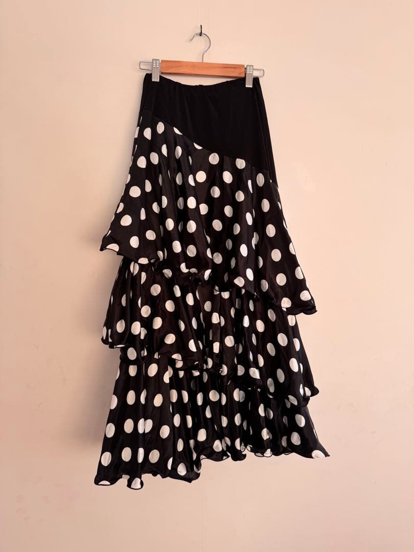 新品　社交ダンス　スカート　黒　白　水玉　サテン　ファルダ　タンゴ　4816