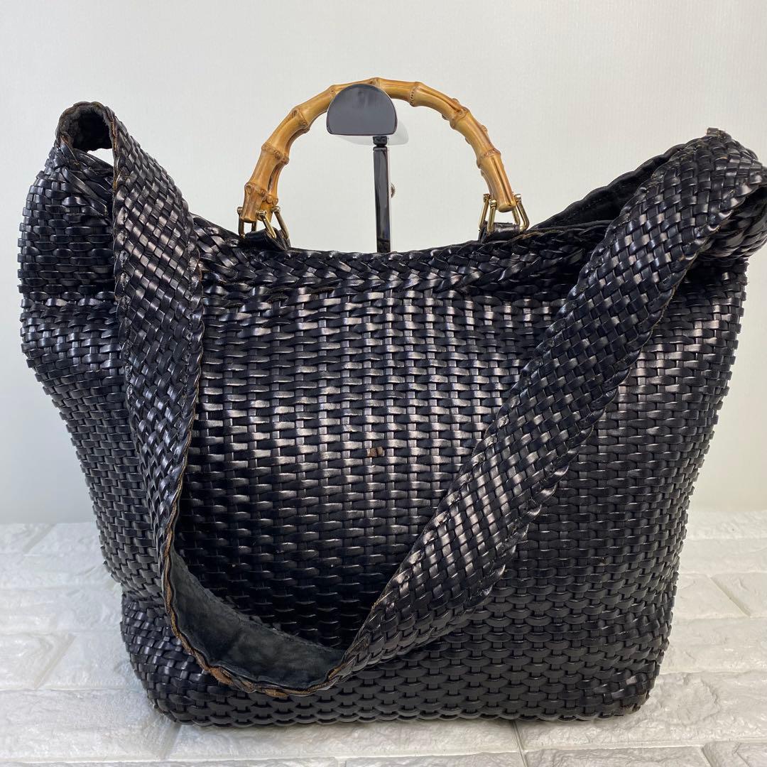 GUCCI グッチ カゴバッグ バンブー 2WAY 編み込み レザー ブラック