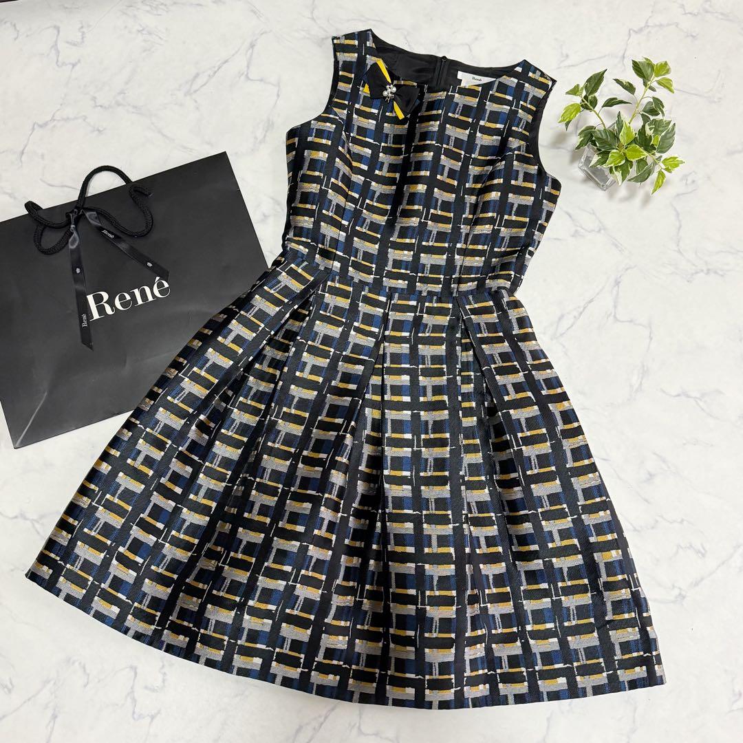 美品 ルネ ジャガード ドレス ワンピース ブロー付 フィットアンドフレア 36