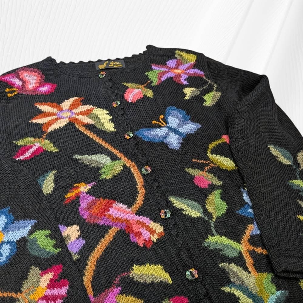 アルパカ １００％ 花柄 カーディガン ブラック Ｍ～Ｌ相当