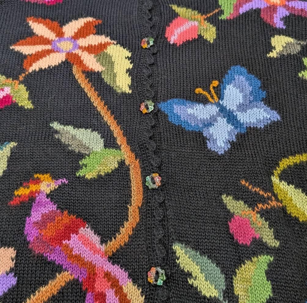 アルパカ １００％ 花柄 カーディガン ブラック Ｍ～Ｌ相当