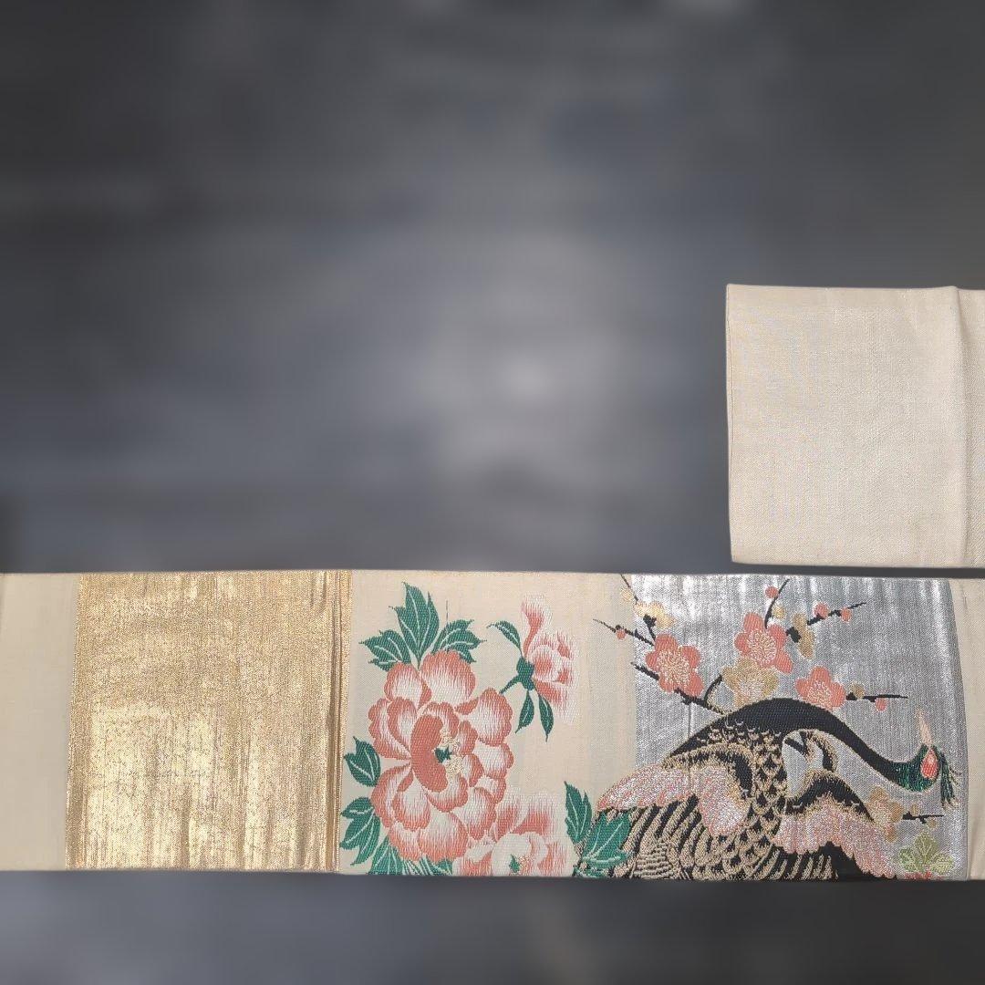 【まちこまち、4点】 979 美品　アンティーク　名古屋帯　　孔雀と花