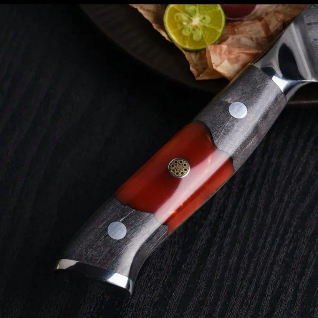刺身包丁VG10　73層ダマスカス鋼　先丸　筋引き　両刃　柳　刺身　包丁　赤柄