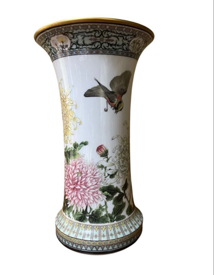 希少 ヴィンテージ 色絵磁器花瓶 「四季菊花山雀」愛新覚羅毓誉 中国陶磁器