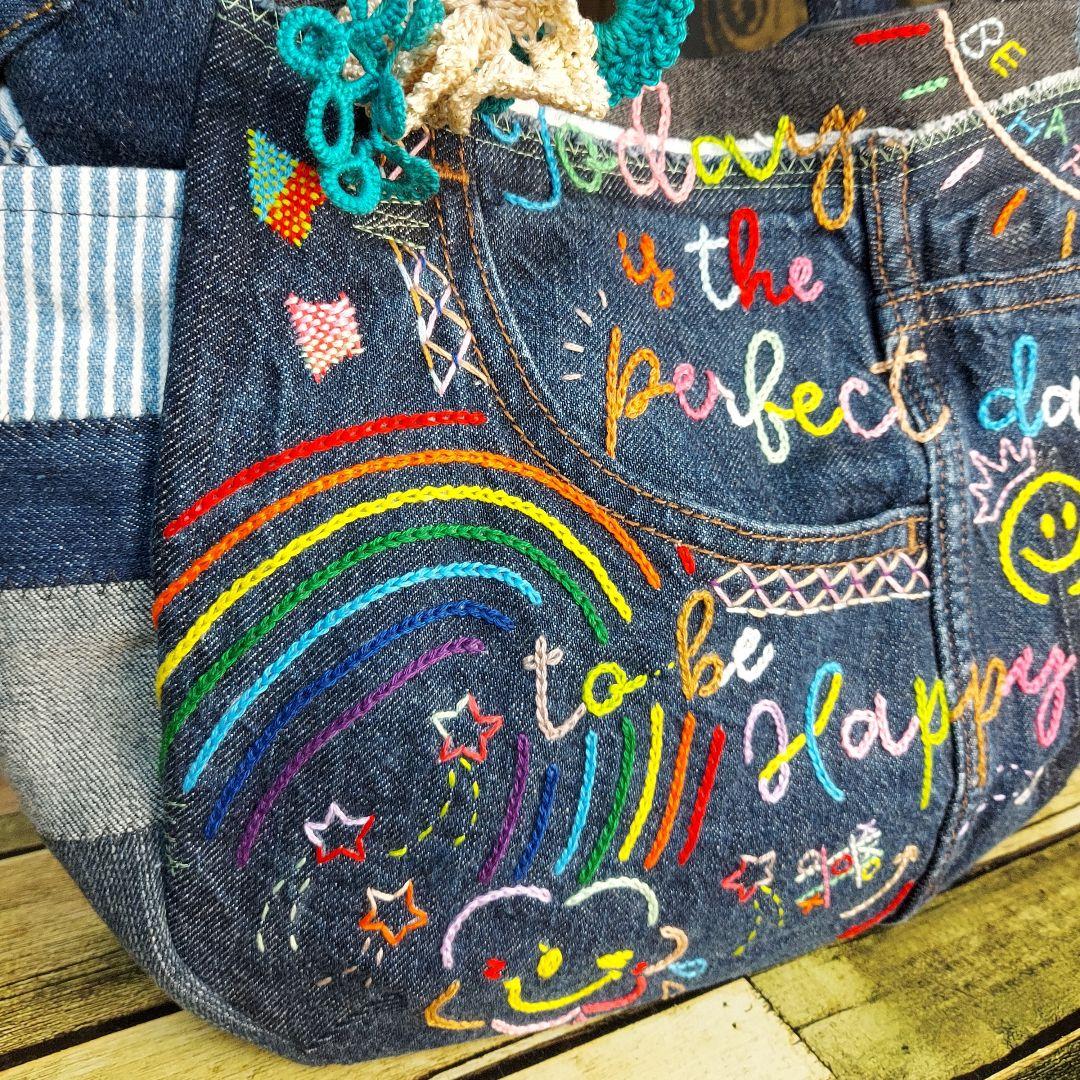 刺繍デニムバック　No.668　デニムリメイク　刺繍バック　チューリップバック