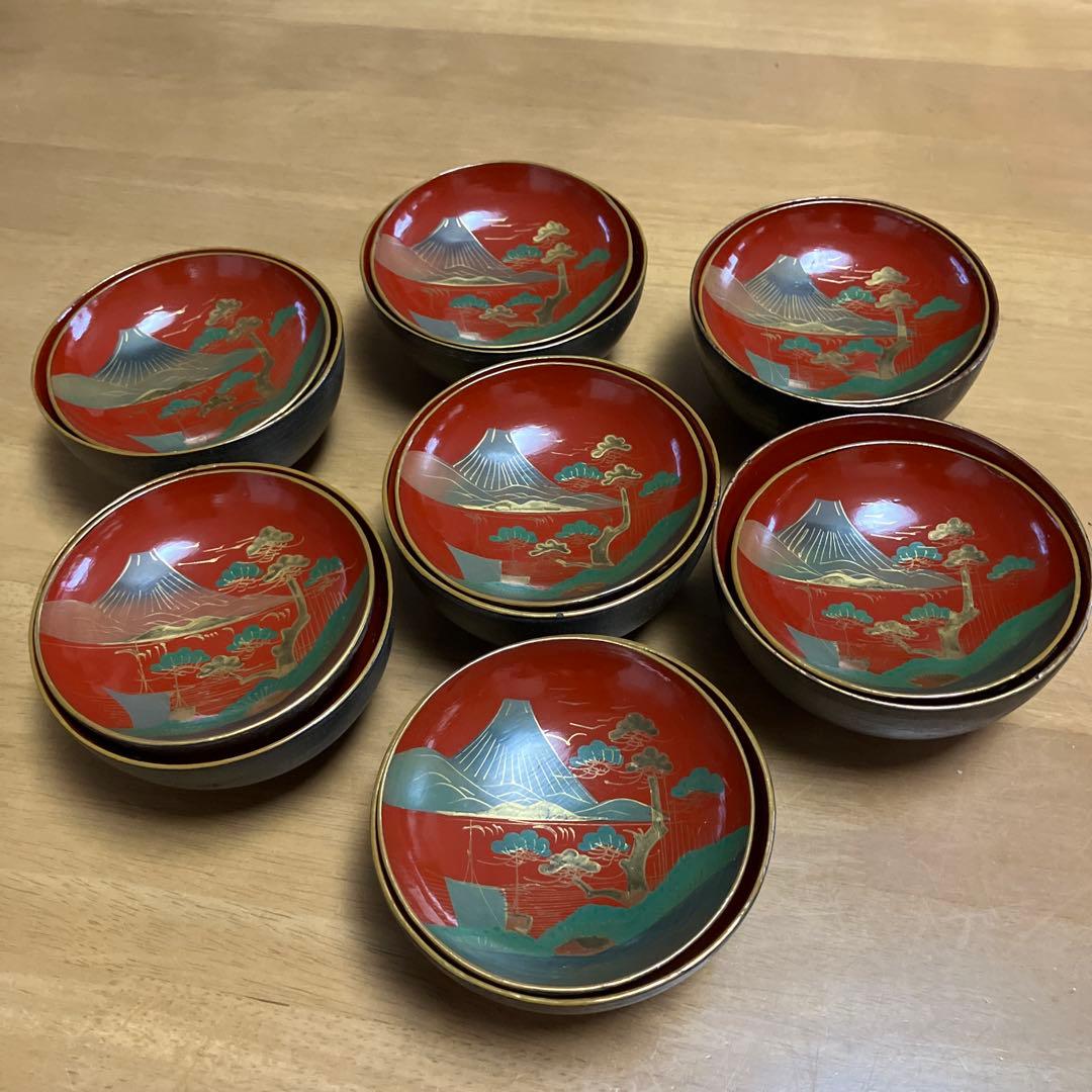 会津鉄錆塗（てつさびぬり）木製汁椀７客（明治〜大正時代）