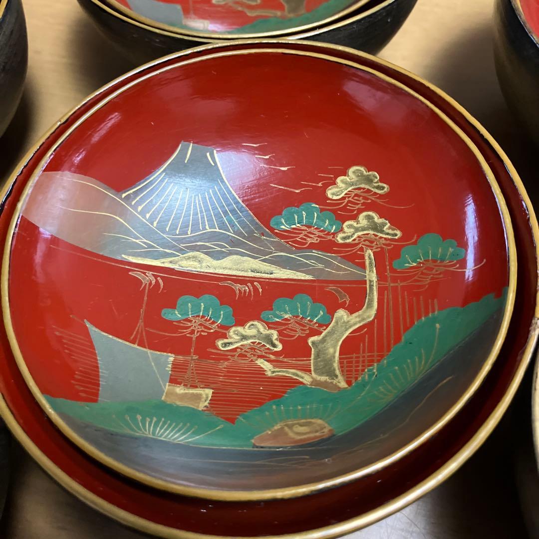 会津鉄錆塗（てつさびぬり）木製汁椀７客（明治〜大正時代）