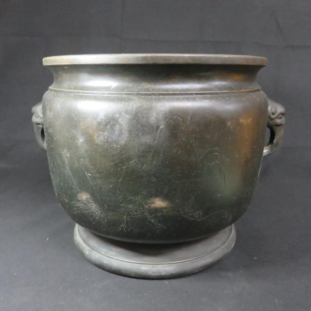 火鉢 手あぶり 金属 真鍮 山水 唐金 彫金