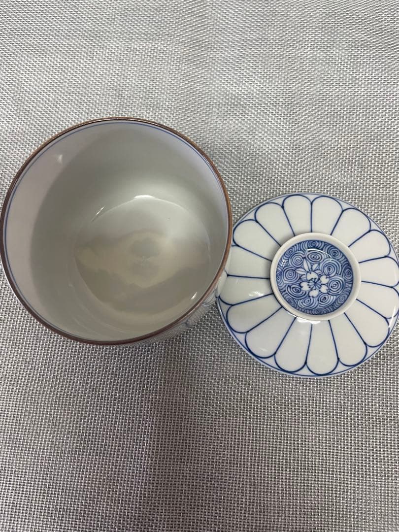 新品　京都　清水焼　蒸茶碗　5客　染付菊割雲錦　平安　陶峰　蓋付き椀
