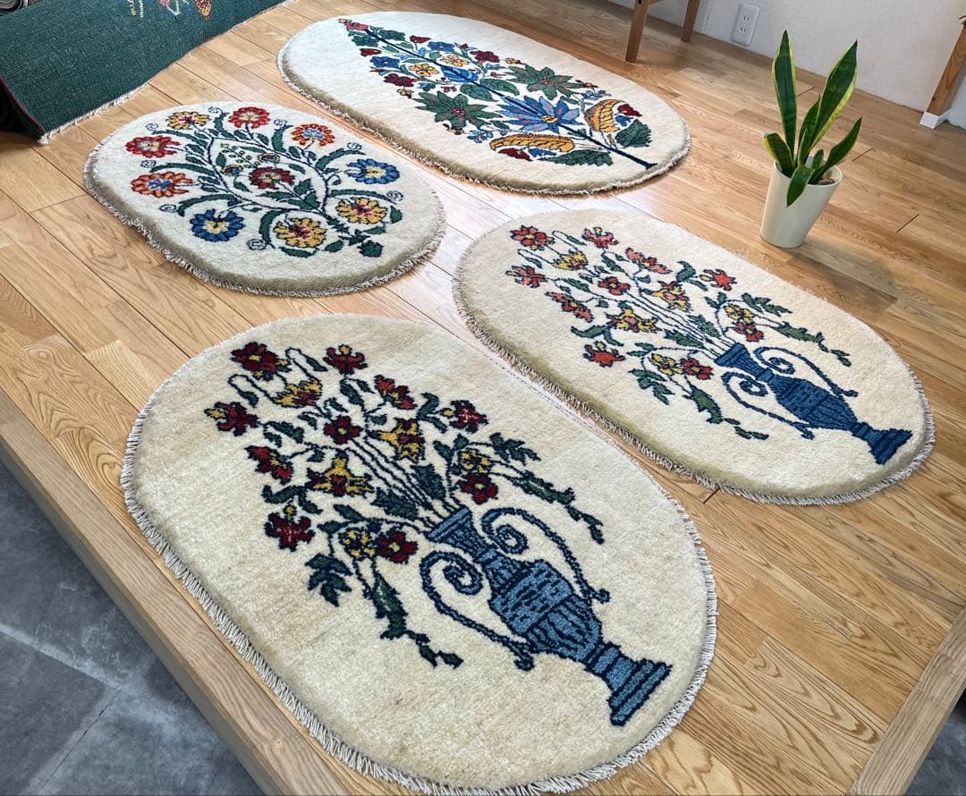 【キャンペーン】ペルシャ　ギャッベ　小判型　92×62　アイボリー　花瓶　花