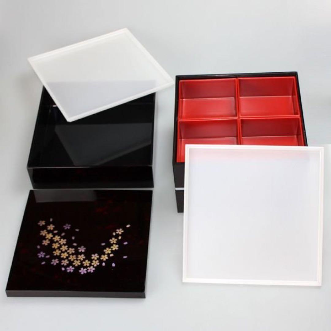 【新品未使用】 紀州塗り 三段重箱 漏れ防止蓋付き 桜柄 お花見弁当箱