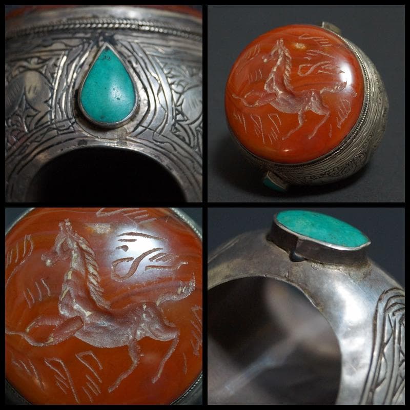 ササン朝ペルシャ期ジュエリーカーネリアン馬柄インタリオ/アマゾナイト象嵌銀製指輪