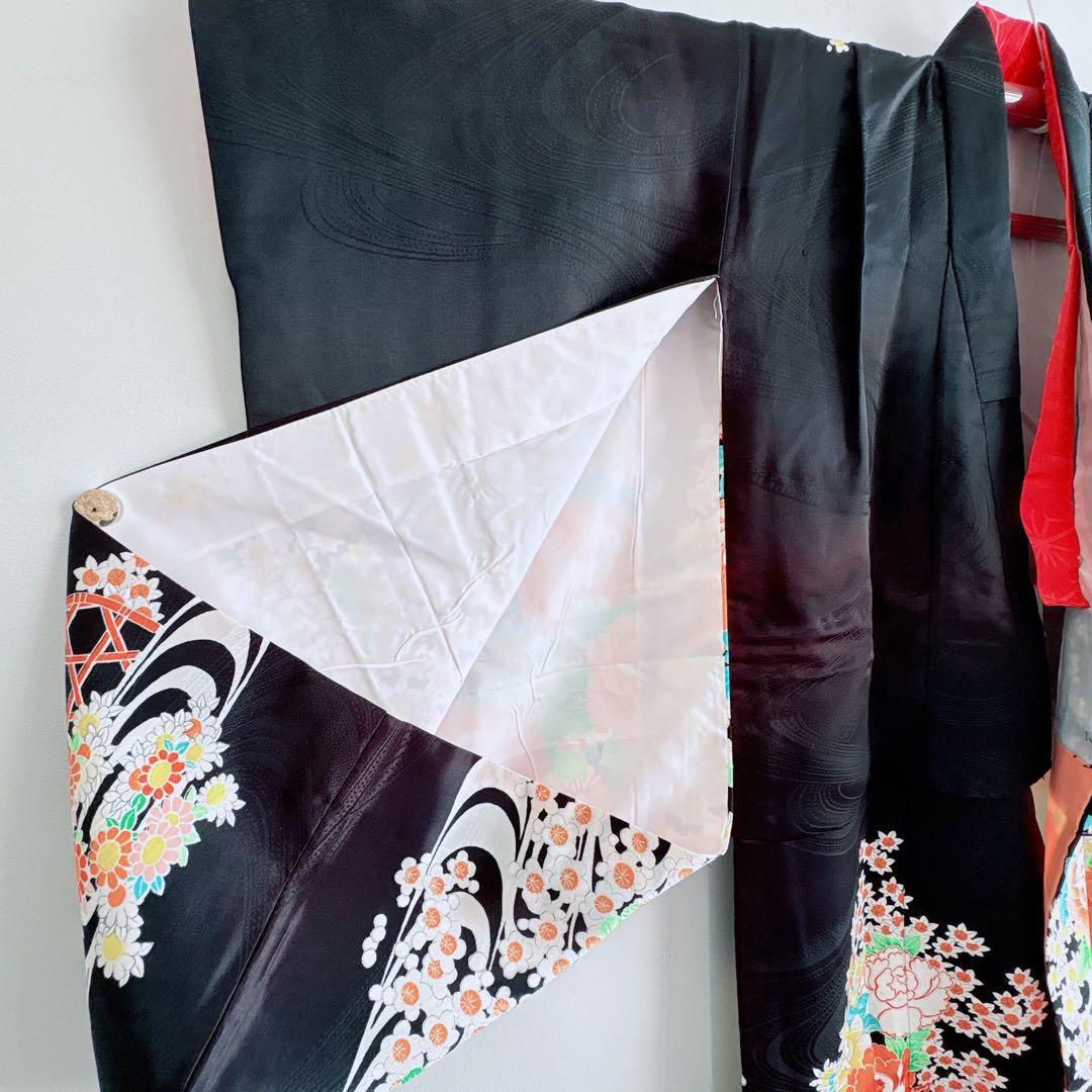 フルセット　七五三７歳女の子　黒地花　緑地袋帯正絹　花菱　半襦袢　7100