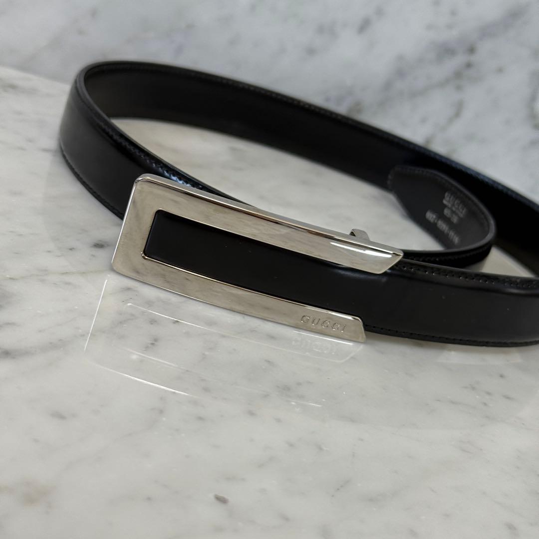 美品 GUCCI グッチ ベルト 本革 レザー ブラック シルバー メタルロゴ