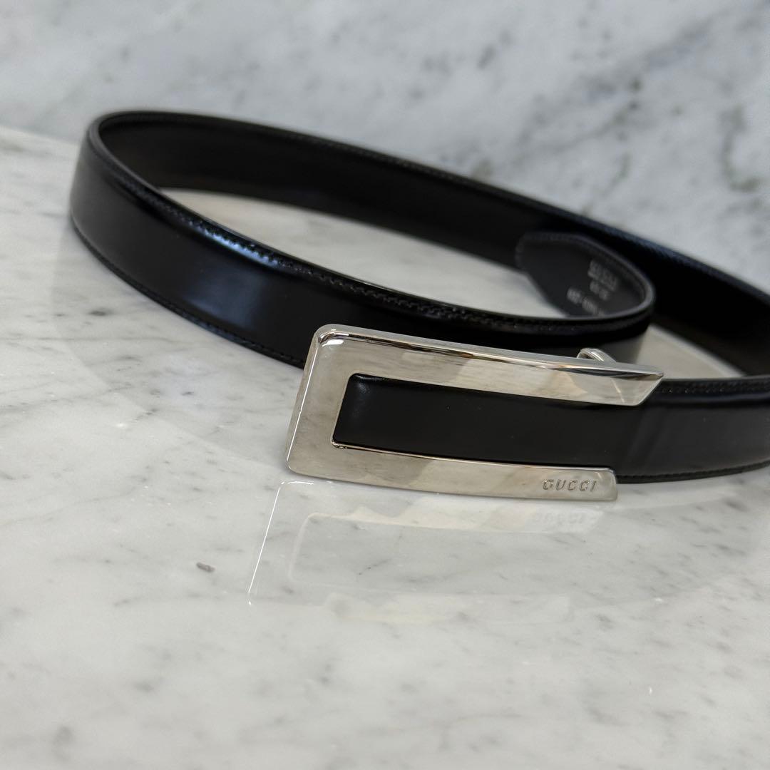 美品 GUCCI グッチ ベルト 本革 レザー ブラック シルバー メタルロゴ