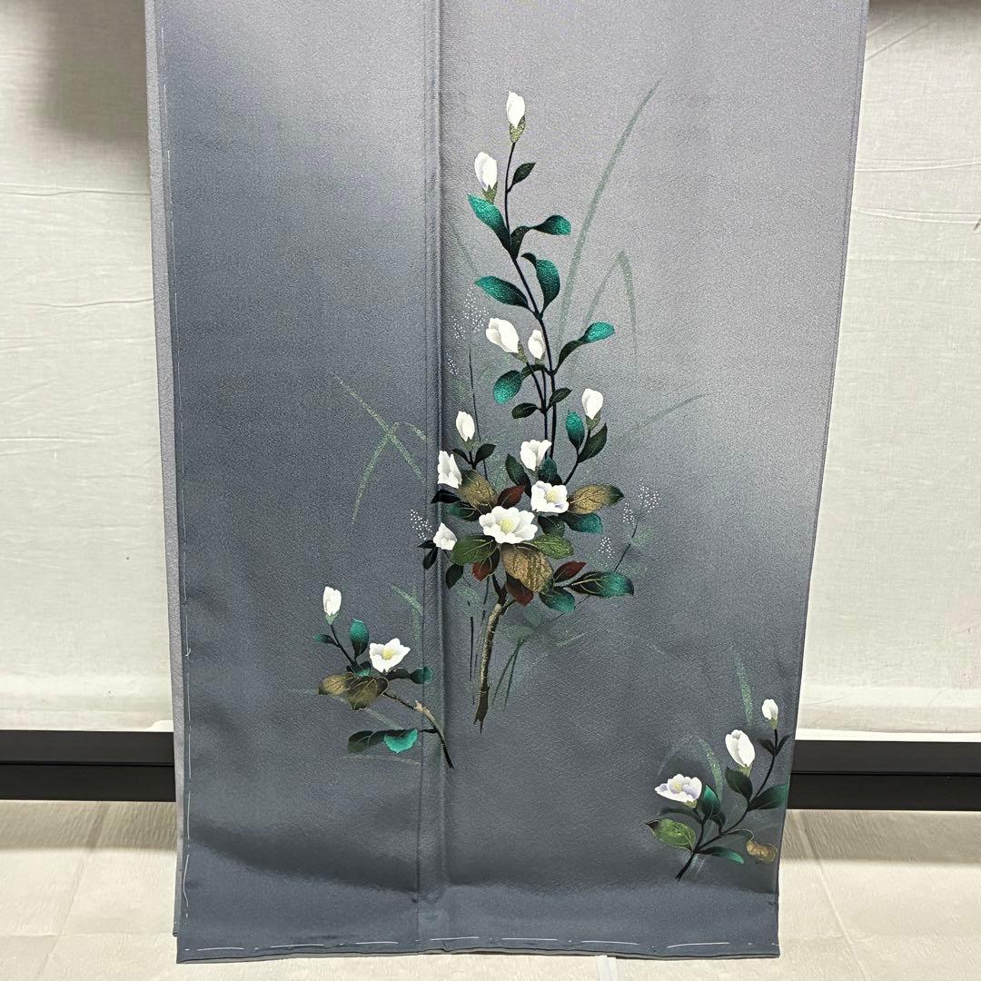 D73 訪問着 花模様 グレー 丹後縮緬 正絹着物 袷 しつけ糸付き未使用極美品