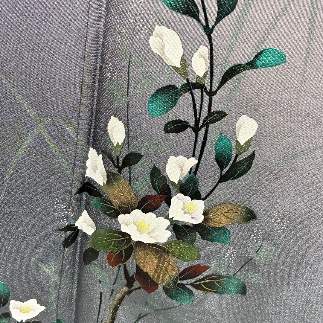 D73 訪問着 花模様 グレー 丹後縮緬 正絹着物 袷 しつけ糸付き未使用極美品