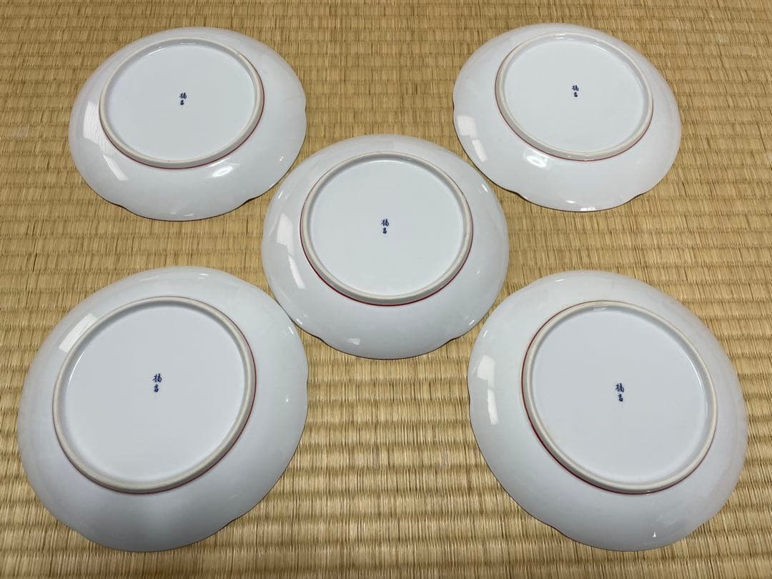 たち吉　呉須赤絵　花鳥金彩皿　5枚セット 古伊万里 和皿　色絵　中皿　輪花皿