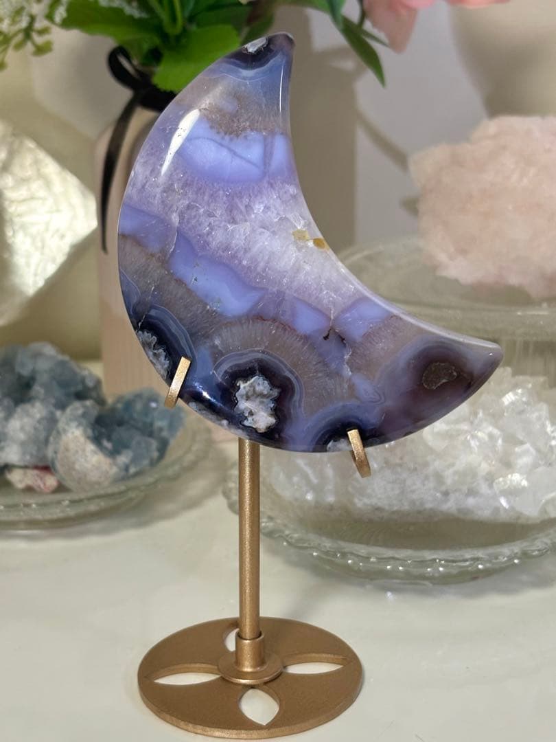 高品質　ブルーフラワーアゲート　ブルー桜瑪瑙　月　ムーン　スタンド付き