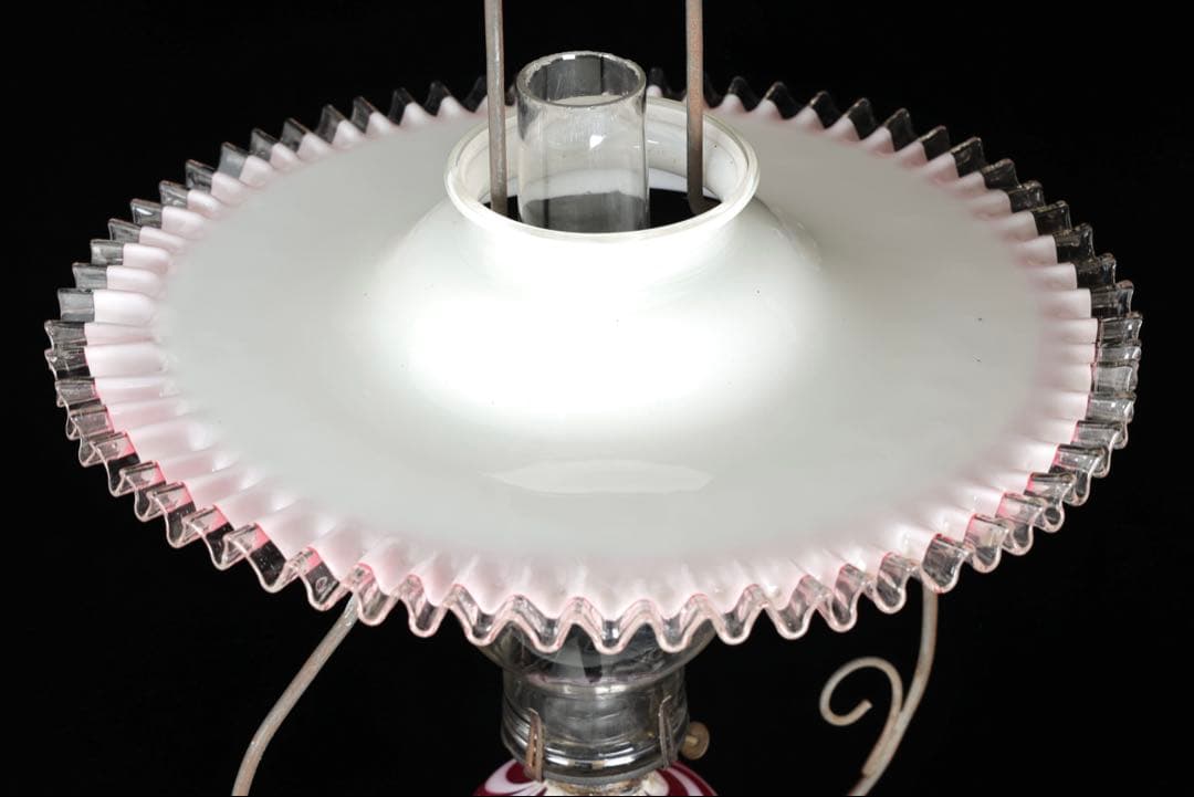 け*ん様 吊りオイルランプ 明治～大正期 乳白ガラス傘 マーブルピンク模様オイル