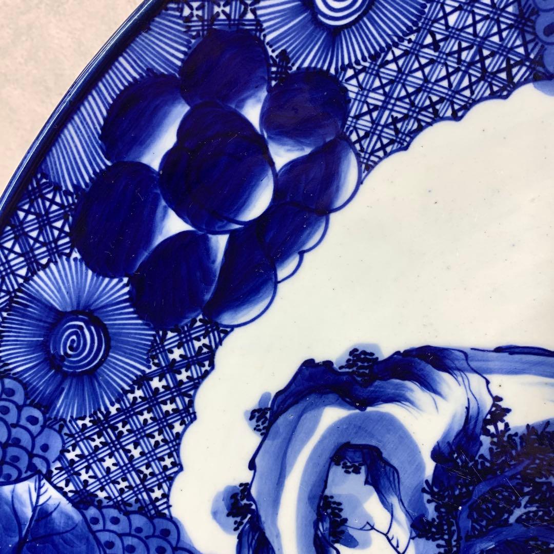 直径53cm ! 大皿 山水図 花 藍色 アンティーク 盛り付け皿 ⑤